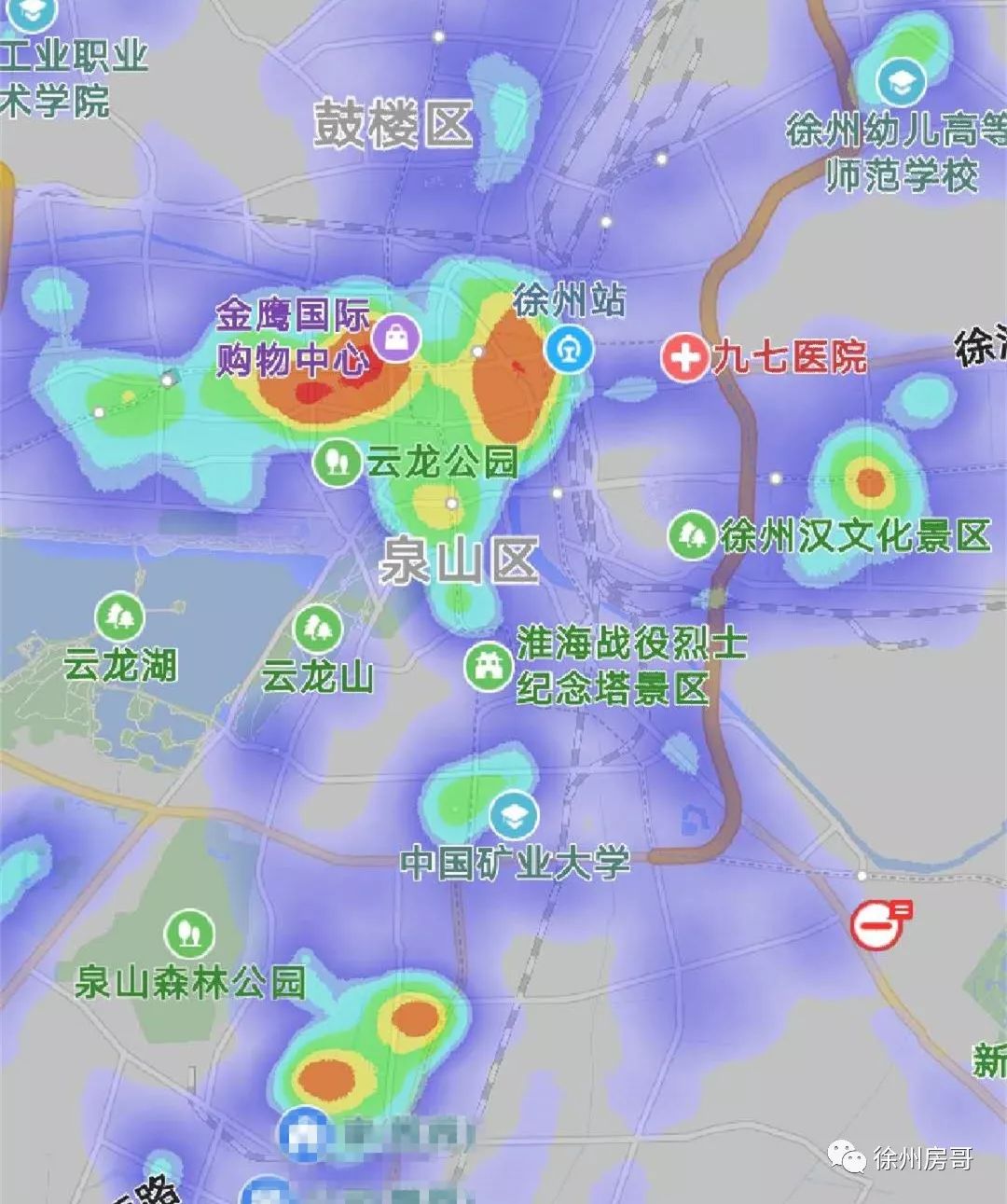 城市热力图放大看更明显!三大商圈:市中心,南区,东区!